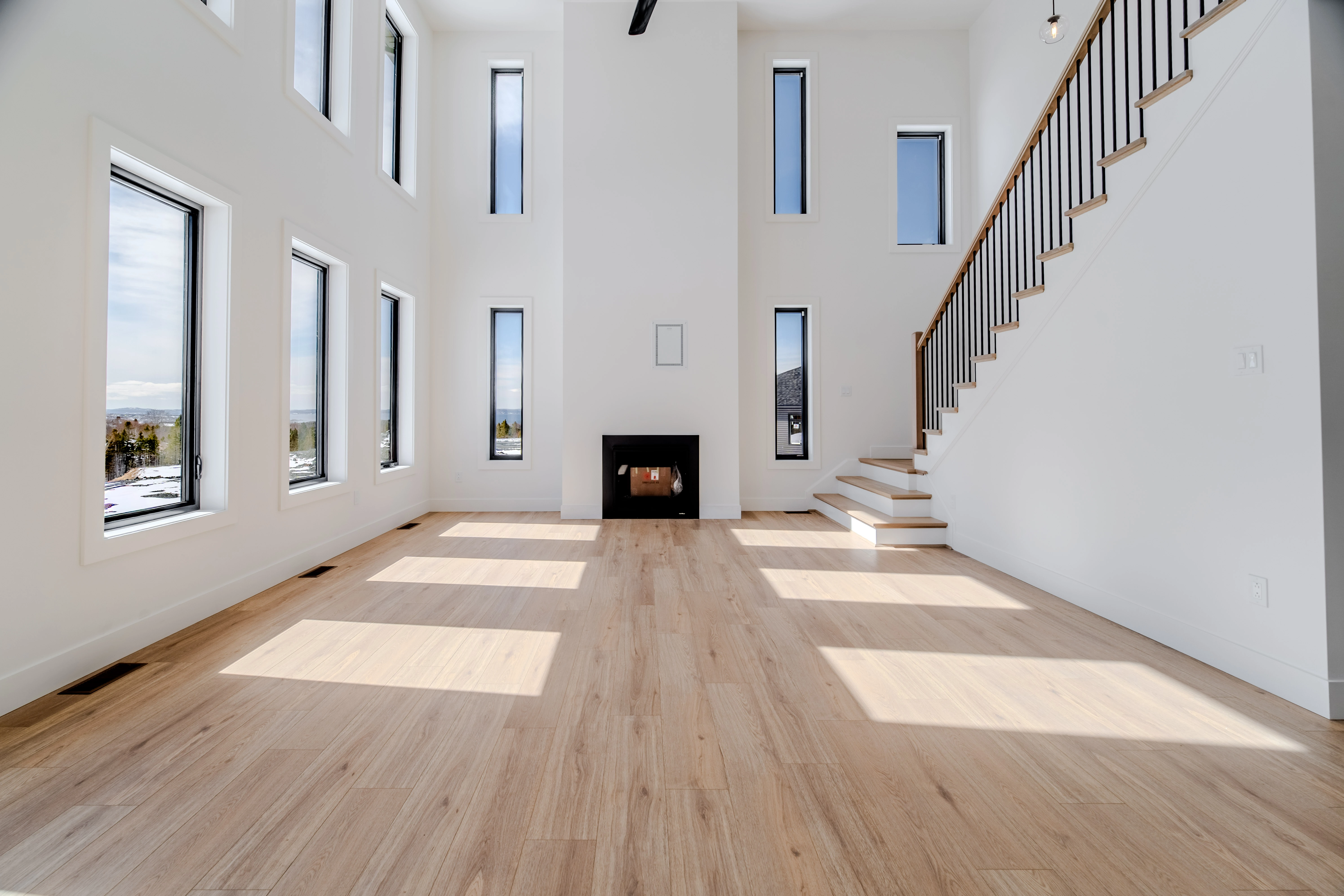 The Tuckamore — Double-height living room and fireplace